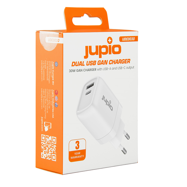 מטען מהיר Jupio Dual USB GaN 30W