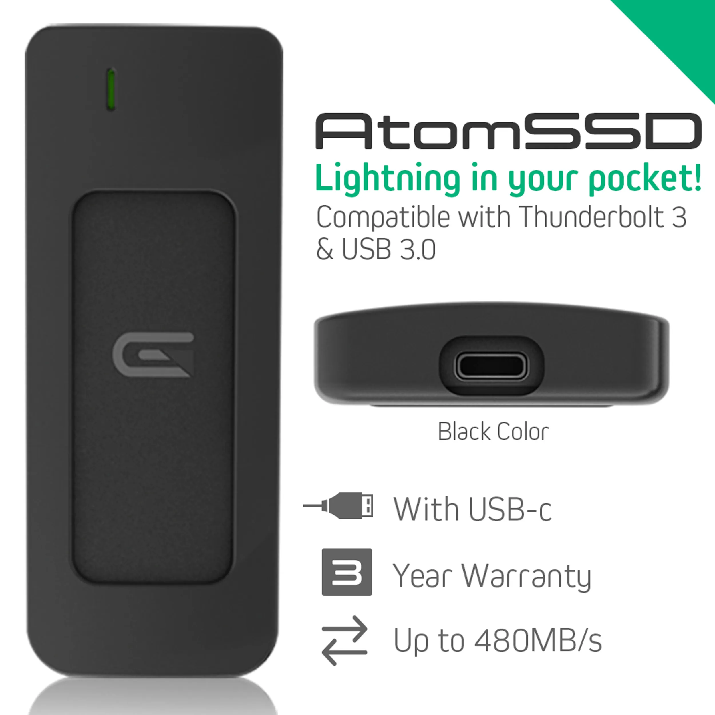 כונן חיצוני Glyph Atom SSD 500GB, צבע שחור