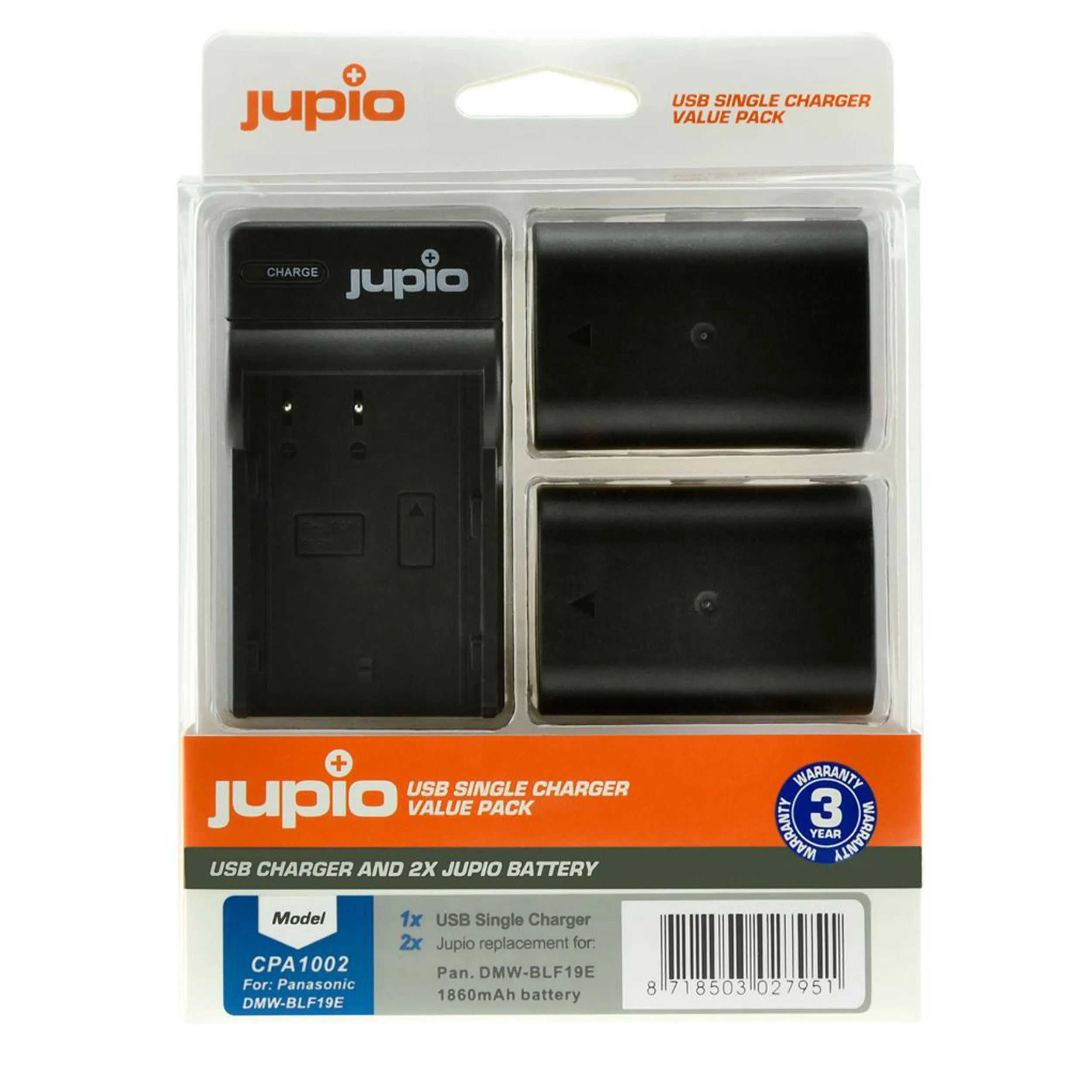 ערכת Jupio: מטען USB יחיד + 2 סוללות DMW-BLF19E