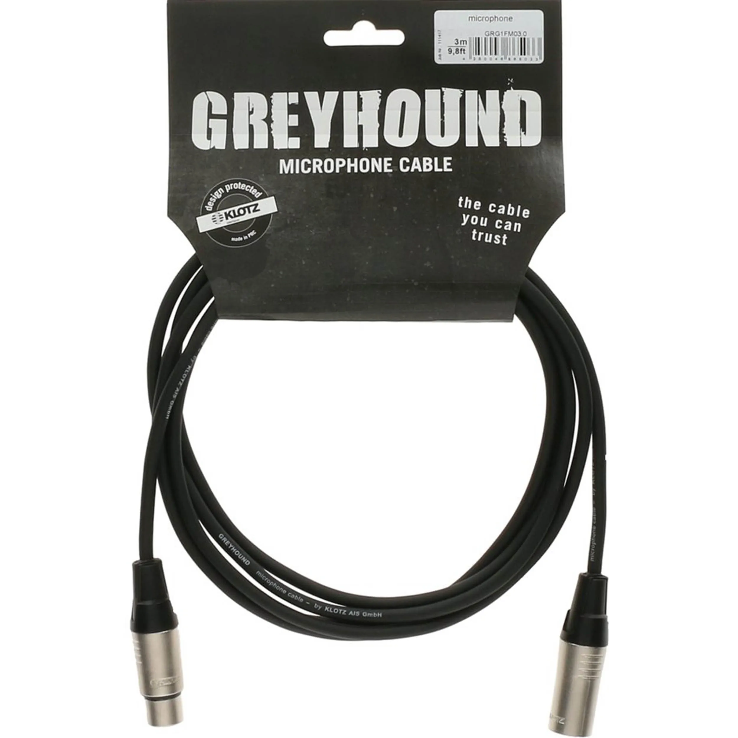 כבל מיקרופון XLR איכותי באורך 3 מטר Klotz GREYHOUND