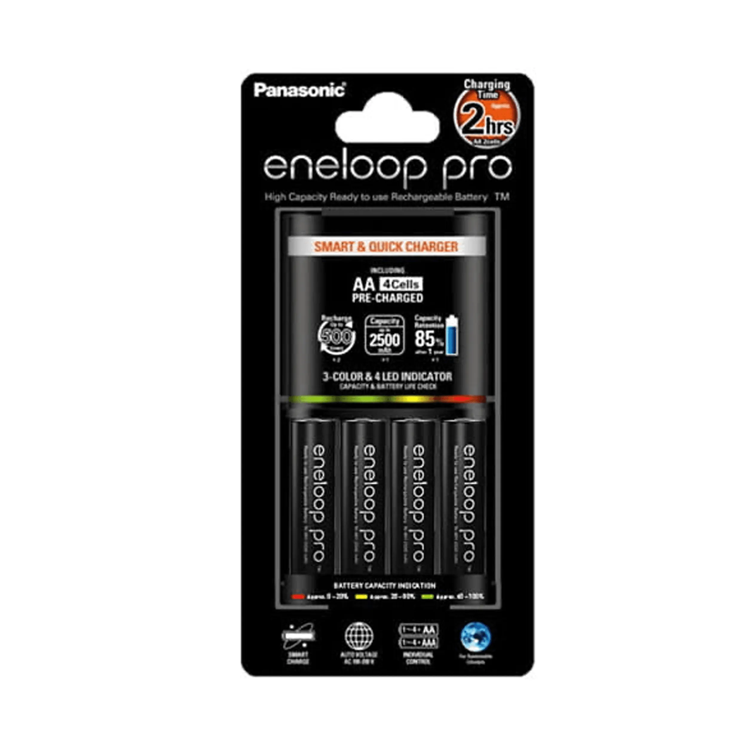 קיט 4 סוללות Eneloop Pro 2500mAh AA + מטען מהיר מבית Panasonic