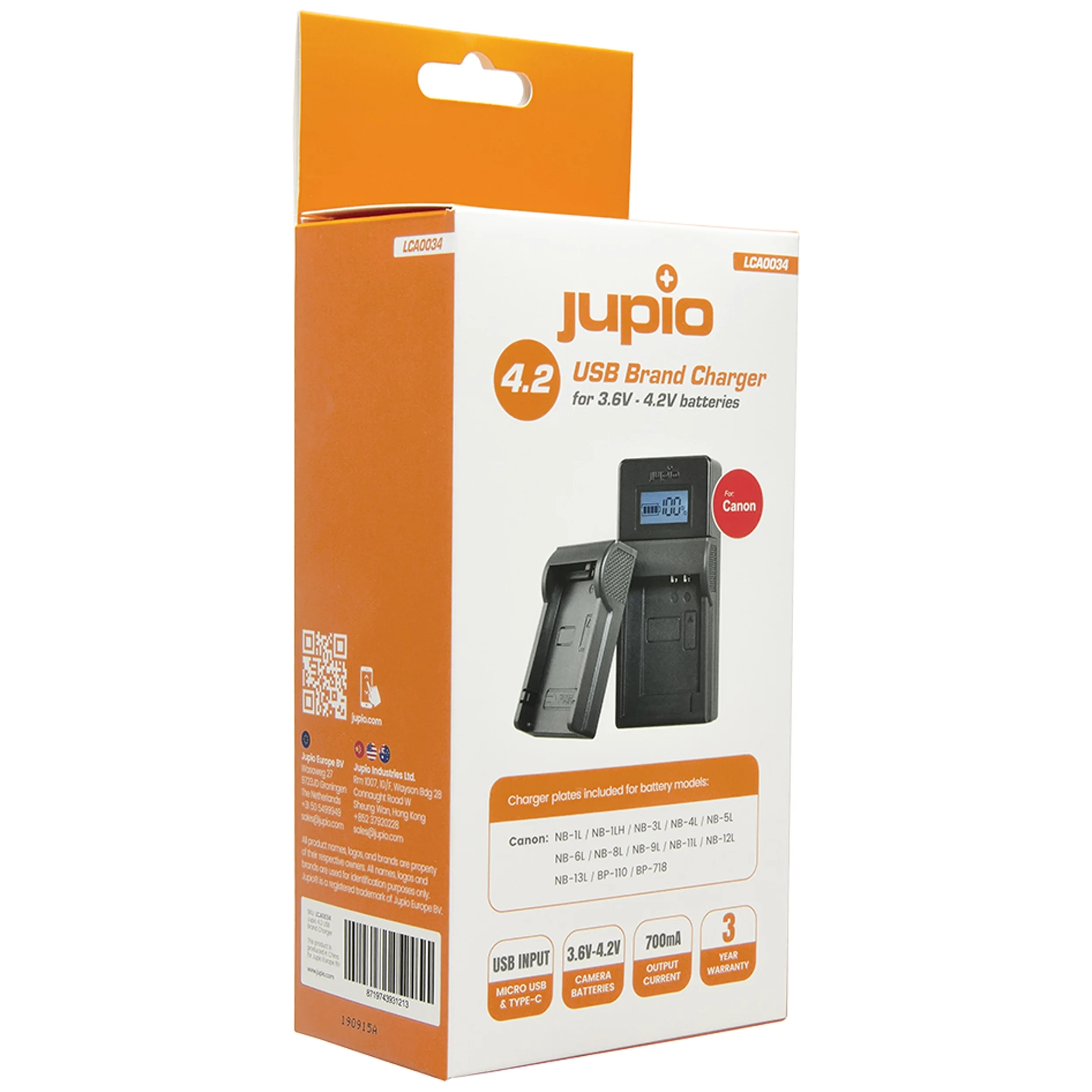 מטען USB ייעודי לסוללות Canon 3.6V-4.2V