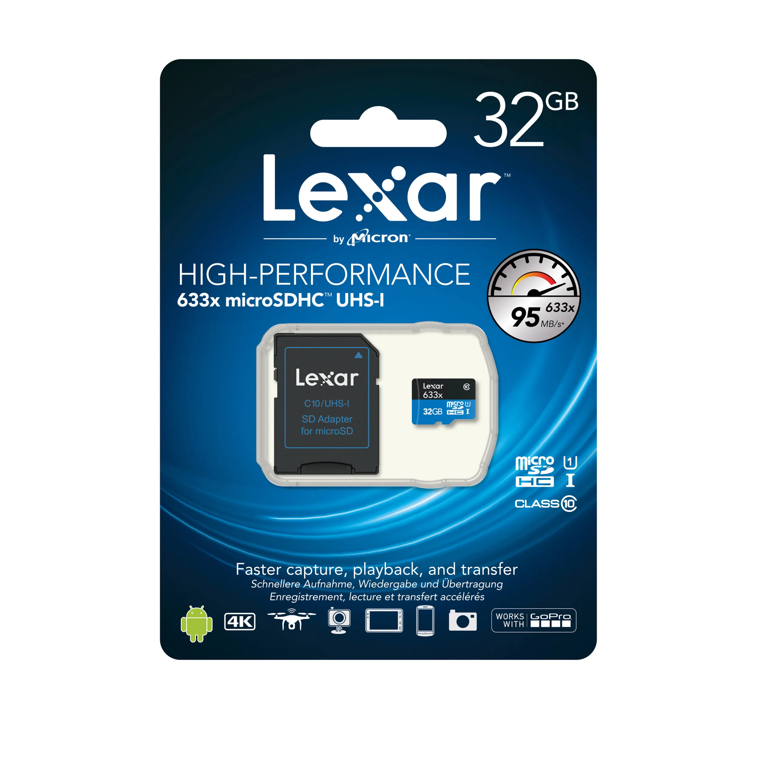 כרטיס זיכרון Lexar 32GB microSDHC UHS-I Class-10  עם מתאם SD