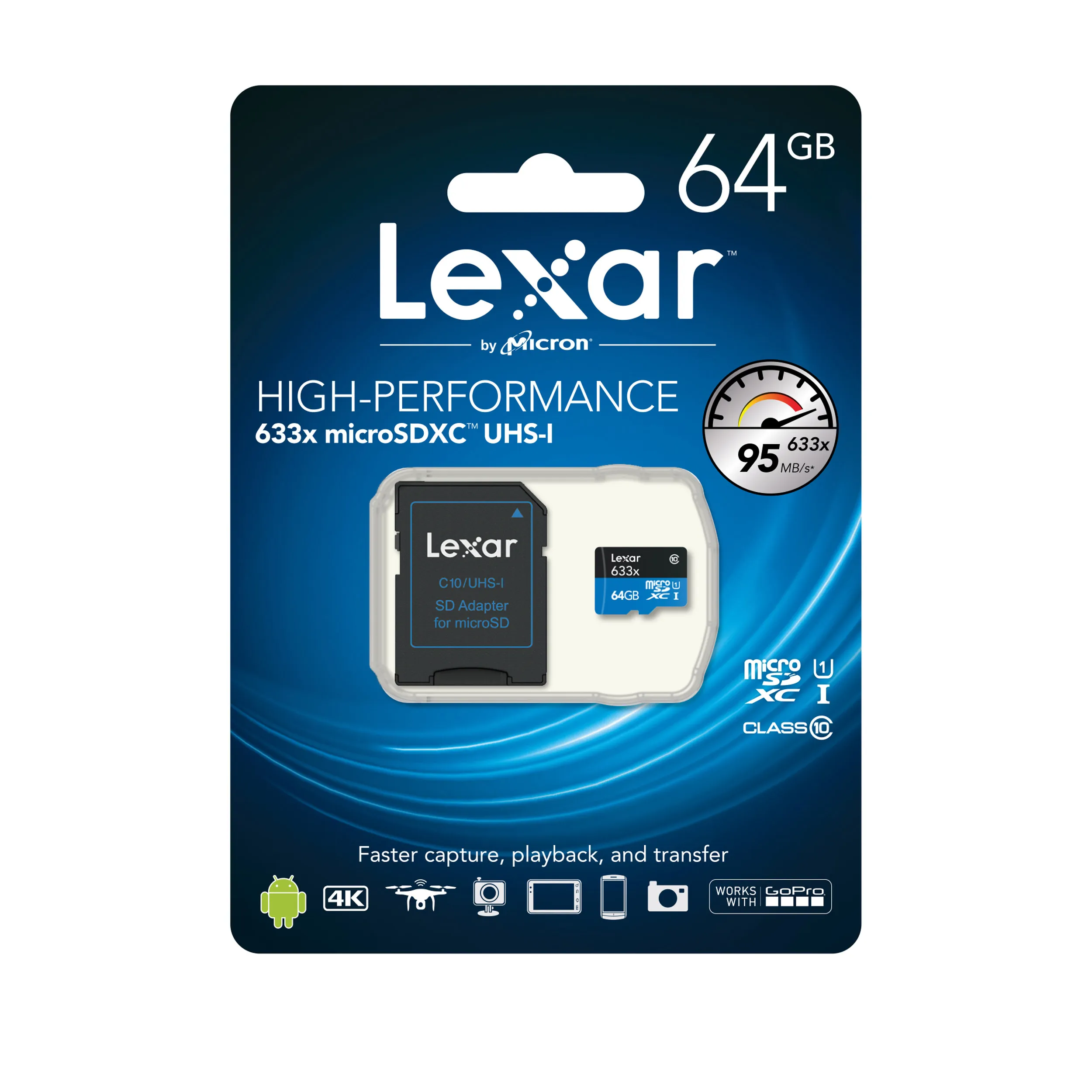 כרטיס זיכרון Lexar 64GB microSDXC UHS-I Class-10  עם מתאם SD