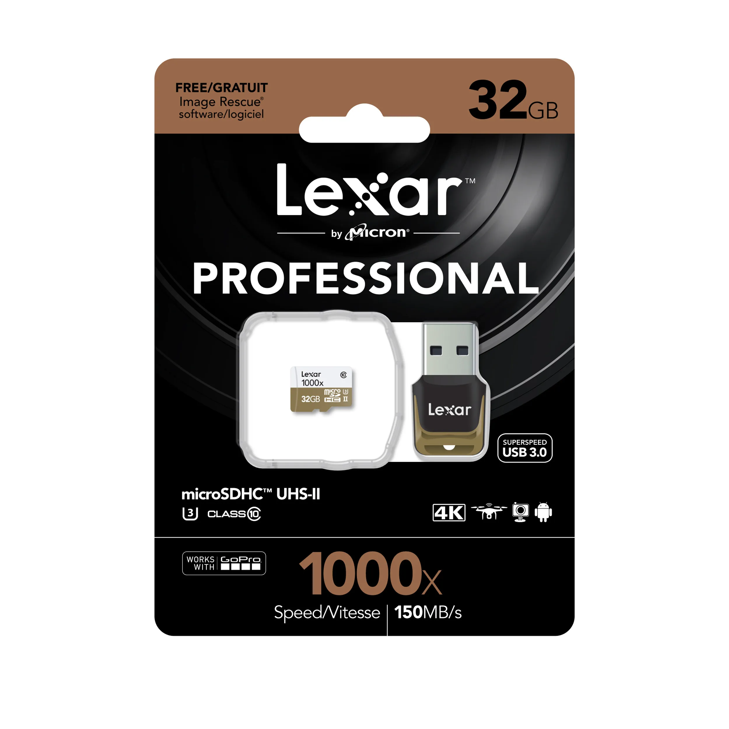 כרטיס זיכרון Lexar 32GB microSDHC UHS-II 1000x U3 עם קורא ל-USB