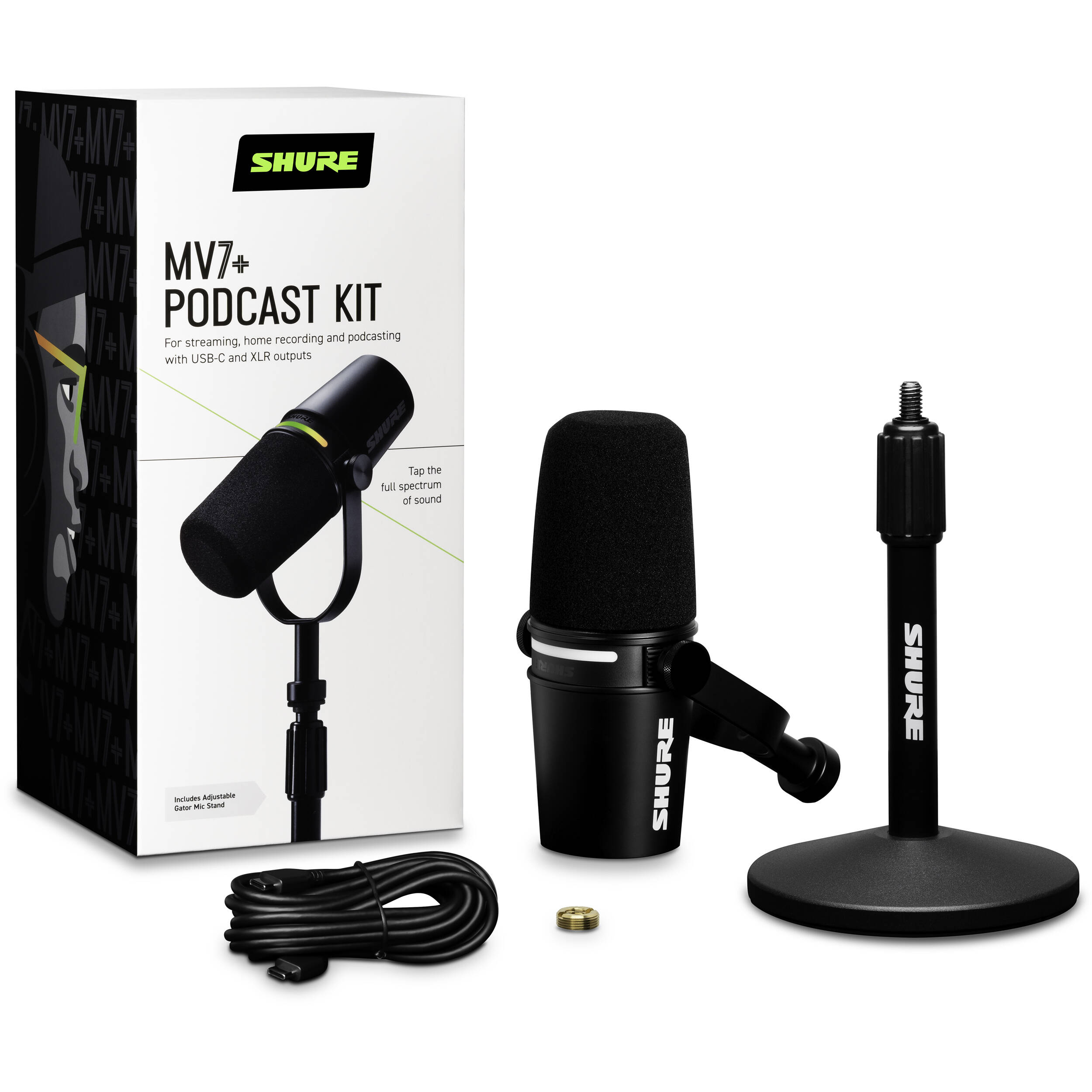 מיקרופון כולל סטנד שולחני לפודקאסט Shure MV7+-K XLR/USB