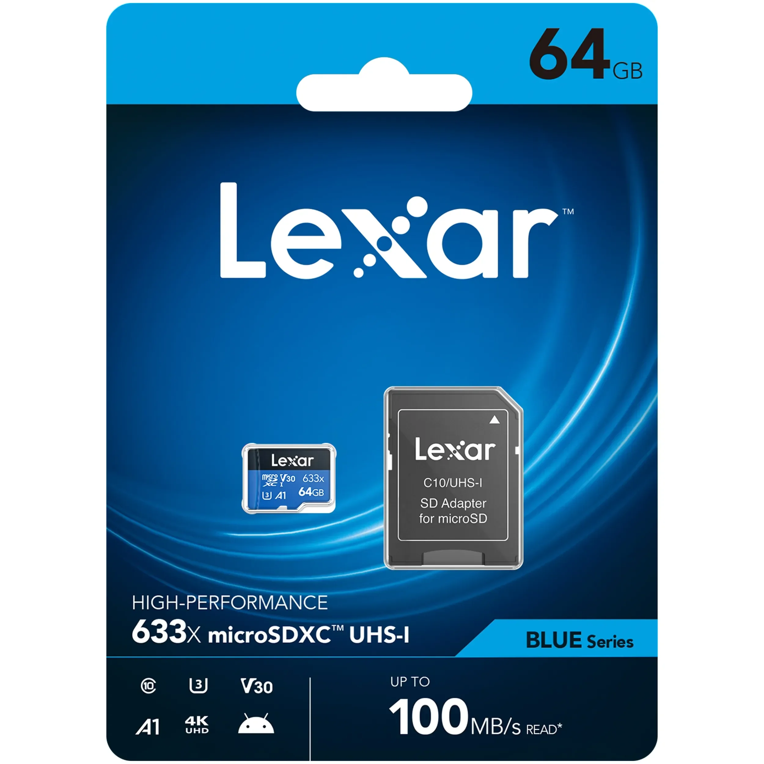 כרטיס זיכרון עם מתאם 64GB Lexar® High-Performance 633x microSDHC™ UHS-I SD