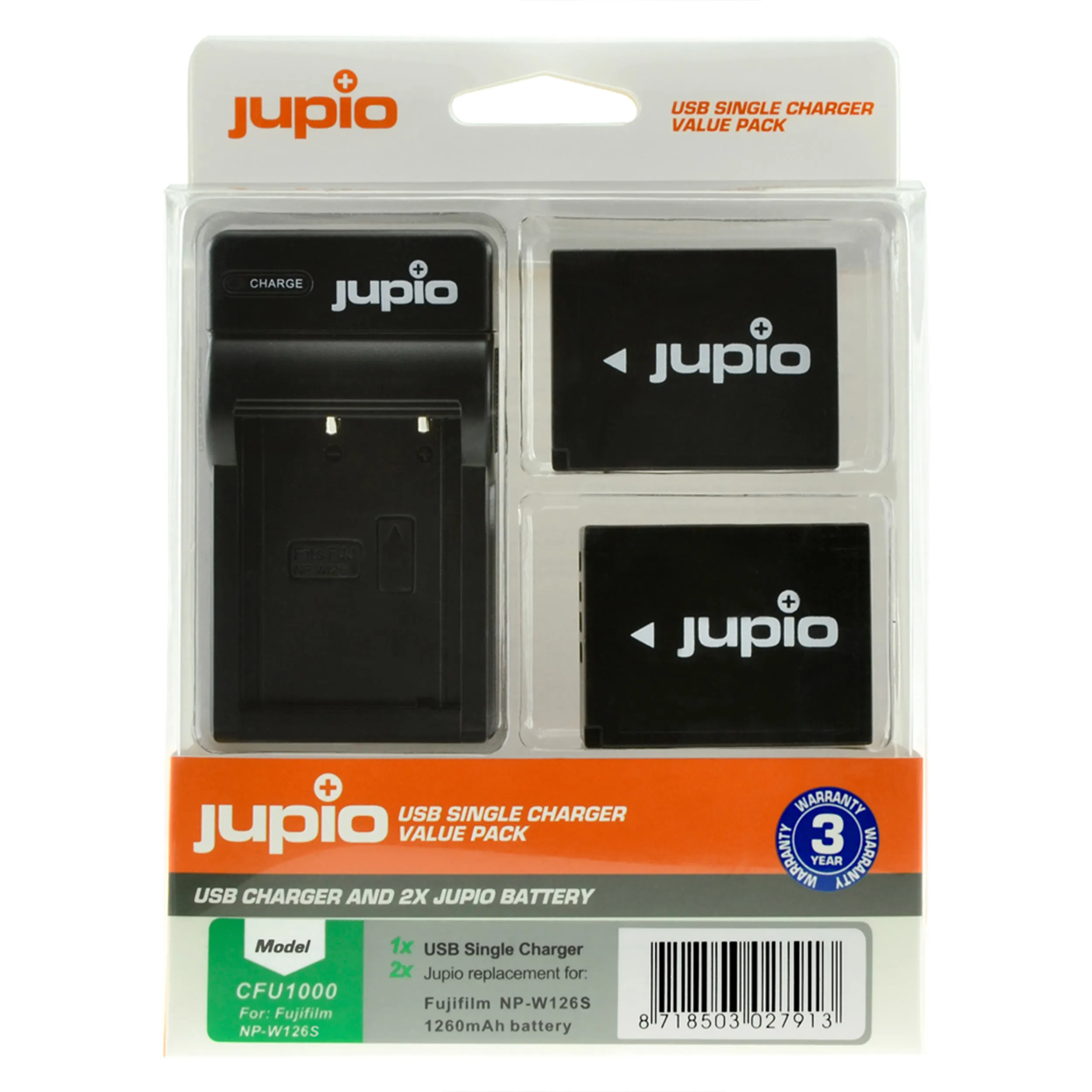 ערכת JUPIO: מטען USB יחיד + 2 סוללות NP-W126