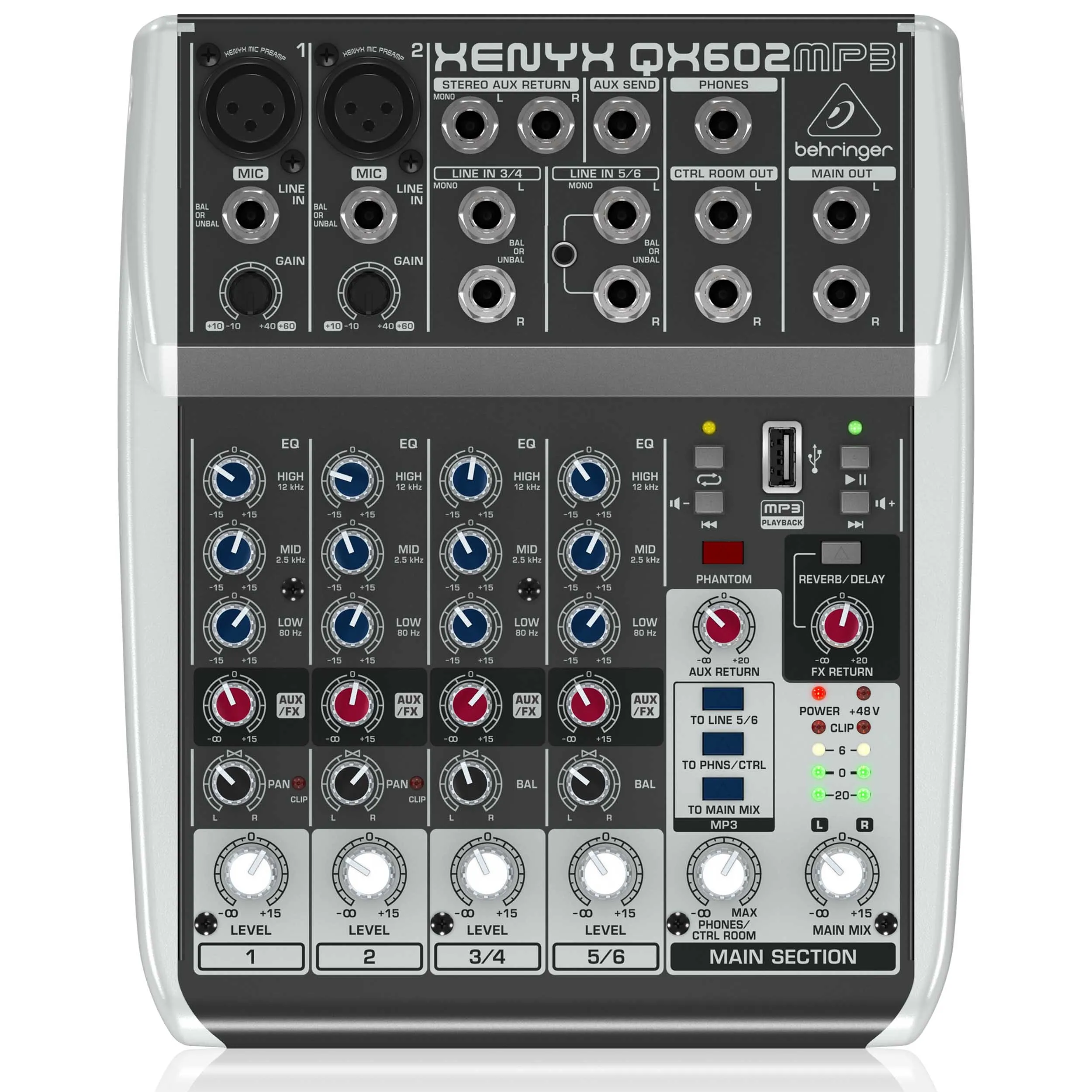 מיקסר 6 כניסות הכולל נגן MP3 ואפקטים מובנים Behringer QX602MP3