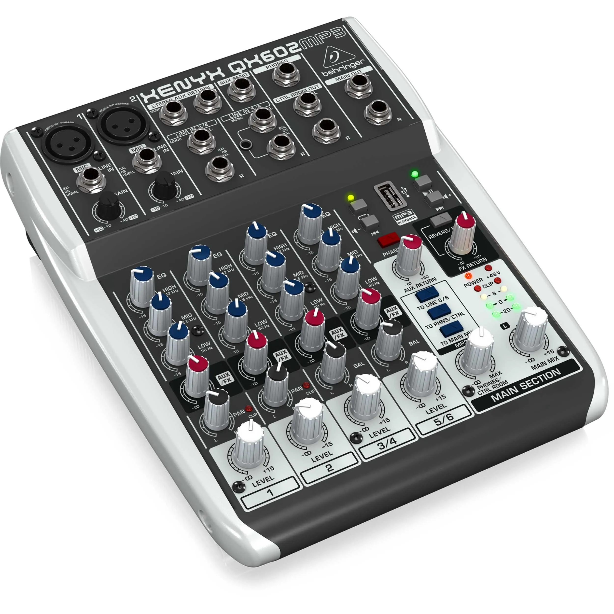 מיקסר 6 כניסות הכולל נגן MP3 ואפקטים מובנים Behringer QX602MP3