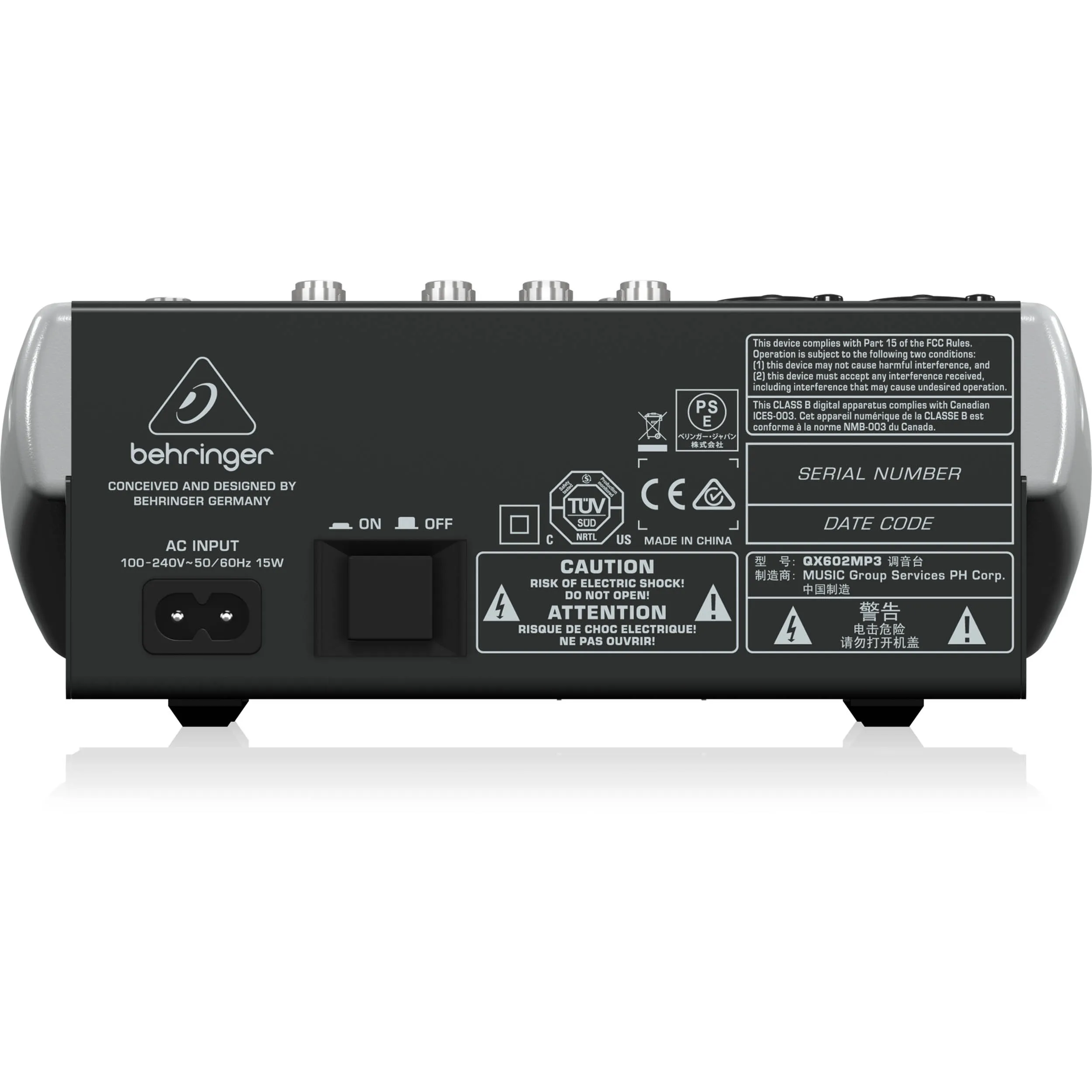 מיקסר 6 כניסות הכולל נגן MP3 ואפקטים מובנים Behringer QX602MP3