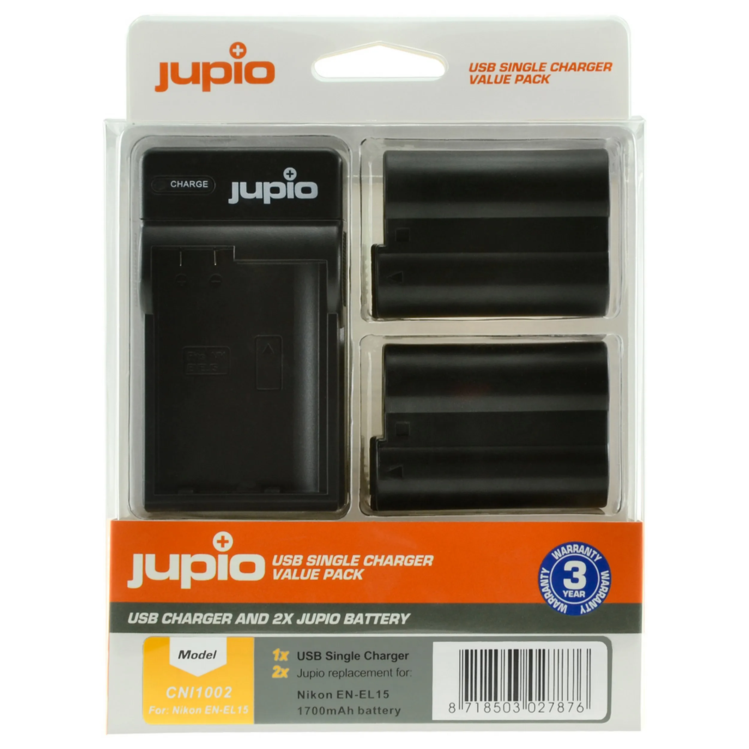 ערכת JUPIO: מטען USB יחיד + 2 סוללות EN-EL15
